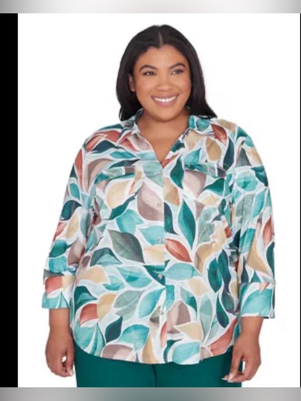 Alfred Dunner Teal Leaf-Print Button Down Shirt
